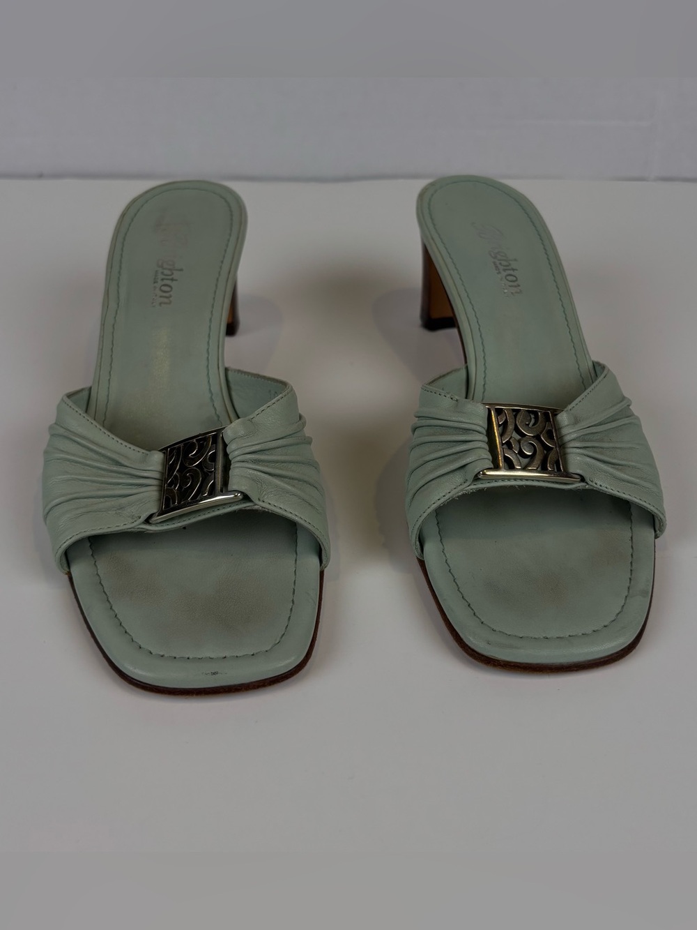 Brighton Tarrah Mint Green Leather Slide Sandals Heeled Mules Sz 6.5M Italy Vint